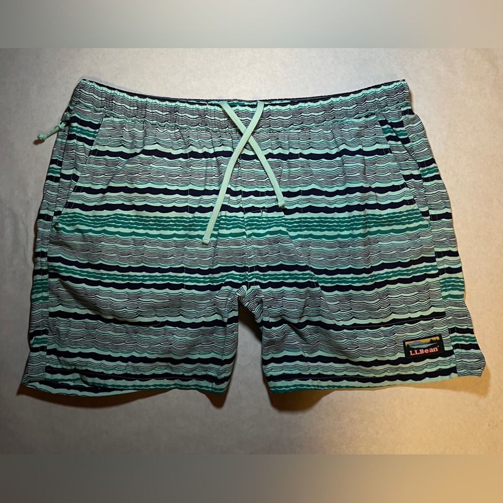 L.L.Bean Men’s Baggies Size Medium Light Green Sea Foam Ocean Wave Print